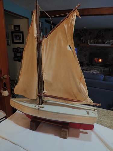 Vintage large wood - boat, pond