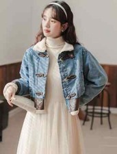 Manteau Femme Veste Blouson Court Polaire Denim Jeans Bleu Doux Slim 90981