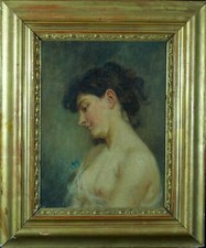 Ancien tableau art nouveau portrait de jeune femme profil nue J.F Galey Biarritz