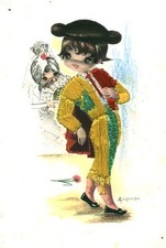 Carte postale fantaisie costume tissu  brodée matador
