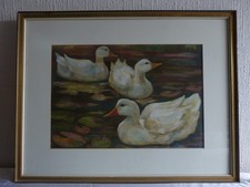 Tableau dessin pastel bord lac oiseau cygne feuille de nénuphar