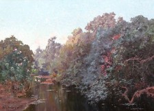 Eugène DESHAYES tableau orientaliste paysage Algérie rivière oasis orientalisme