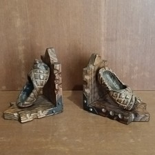 Paire De Serre Livres En Bois Sculpté Forme Sabot, Presse Livre Vintage