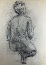 Crayon Portrait Nu Jeune Femme nue accroupie de dos Modèle Art Beauté Style