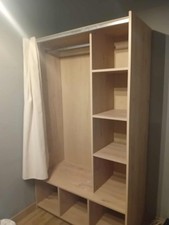 Armoire Penderie Vestiaire bois 7 petits compartiments rideaux beige