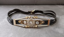 Ceinture noire. Decor perles. Barrettes. Cuir. 70 cm