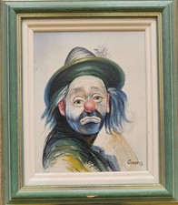 Tableau Peinture Clown triste signé Garros – Huile sur toile  cadre vintage 