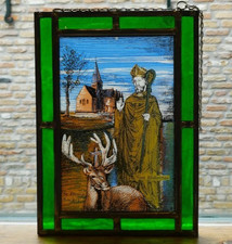 ANCIEN VITRAIL RELIGIEUX SAINT HUBERT EN VERRE COLORE ET PLOMB AVEC CHAINE