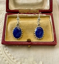 ANCIENNES  BOUCLES D'OREILLES ARGENT MASSIF -VÉRITABLE SAPHIR BLEU -FLEUR DE LYS