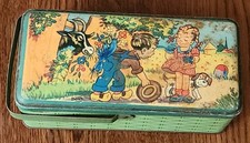 Ancien boite a gouter panier en tôle lithographie BOZZ garçon Fille chien Chevre