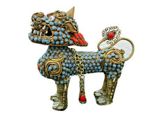 Sculpture lion chinois chien fu perle turquoise corail qilin licorne antique chi