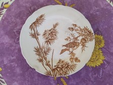 Assiette Plate ou Plat Faience Longwy Modèle Oiseaux Bambous Rose/Sépia 24,5cm