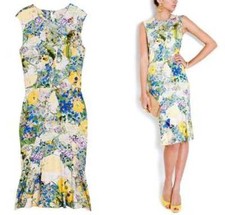 New ERDEM TREASA Blue Grey Yellow Floral  DRESS US 6 8  UK 10 12