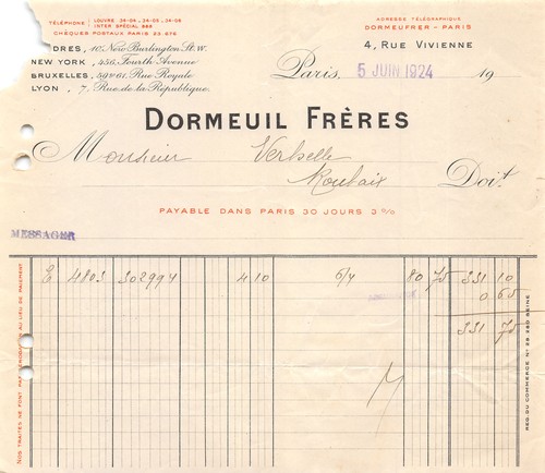 Facture 1924 dormeuil freres - facture,