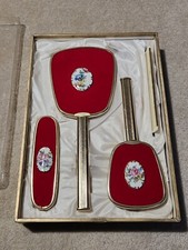 Coffret de Toilette Vintage avec Miroir Brosses Peigne Décor Floral Porcelaine