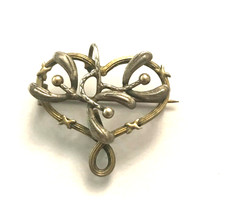 Ancienne broche Coeur et Gui Porte Bonheur en Argent Napoléon III Art Nouveau