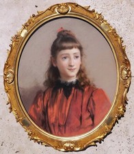 Tableau dessin pastel encadré portrait jeune fille enfant robe Jules GIRARDET