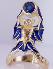 Antique Chauve-Souris Sculpture Femmes Bague Art Nouveau Style 14k Or Émail