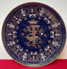 G. ASCH Assiette Plat Héraldique Porcelaine Bleu Tours François 1er Salamandre