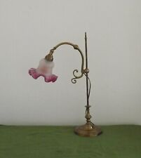 French Antique Brass Goose Neck Table Lamp Patterned Glass Pink Edged Shade 5131