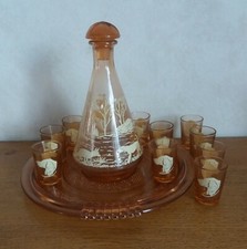 Service liqueur ancien carafe plateau verres vieux rose / chasse à courre renard