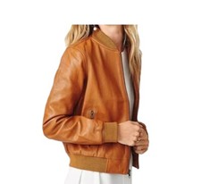 Blouson de moto bombardier en cuir véritable marron marron marron et peau sou...