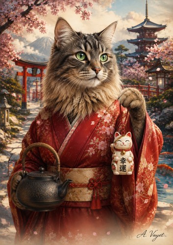 Chat japonais kimono rouge - chat,