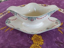 Saucière Sur Plateau Faience Longwy SFNGR Modèle Moselle Décor Floral Rouge Vert