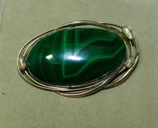 Vintage Russe Argent Ural Mtn. Artistique Malachite Biwa Perle Broche 6d 22