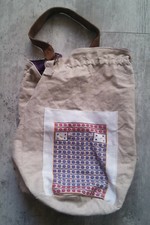 Sac à main cabas brodé point de croix ethnique lin ancien poignée cuir 