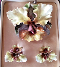 Royal Crown Derby Broche + Clips Oreilles Orchidées Brooch Earrings Set Vintage