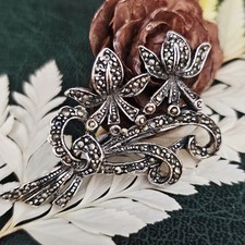 Broche Florale Style Art Déco Argent 925 Marcassites 48x42 Mm