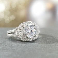Bague de mariage double halo en or blanc 14 carats 2,70 carats blanche coupe ...