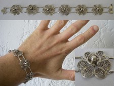 9GR / 17.7CM / SUPERBE BRACELET FLEUR ciselé ajouré en Argent massif 925 N°281