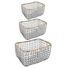 Lot de 3 paniers corbeilles rectangulaires en métal noir et rotin synthétique