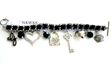 Neuf GUESS Ruban Noir Argent Ton Breloque Coeur ,Clé ,Strass Couronne Bracelet