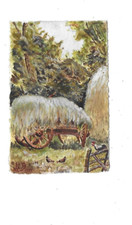 CPA carte postale ancienne paysage peint main meule de foin et petites poules