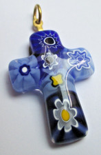 élégante Croix pendentif en verre de Murano bleu jaune Bijou vintage 3187