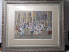 Ecole Orientaliste : Gouache "Fête Musiciens, Danseuses Marocaines" Signée.