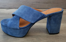 WHAT FOR Mules daim cuir bleu ciel talon haut semelle compensée Taille 37