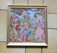 Vintage Tapisserie Médiévale Encadrée Jardin Dame Enfant Homme France 25x25 cm