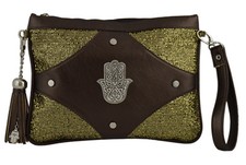  Moroccan Faux Leather Purse Clutch Pouch Hamsa Cosmetic Bag Wrist-let Bronze