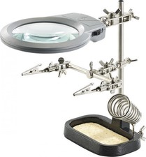 Troisième main avec pinces de serrage, loupe à LED et support pour fer à souder