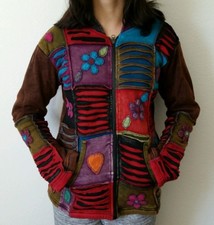 FJ11 COTTON FLEECE JACKET NEPAL : Handmade Ribs Floral Hippie Bohemian Coat M 
