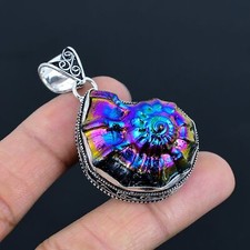 Pendentif vintage en argent sterling 925 ethnique pierre précieuse fossile am...