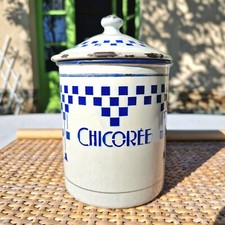 Ancien pot à épices en tôle emaillée Chicorée décor Lustucru
