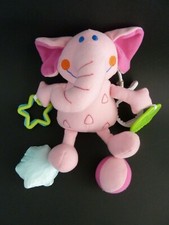 D1. DOUDOU PELUCHE D'ACTIVITE LGRI ELEPHANT ROSE VERT ORANGE GRELOT BALLE TBE