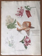 Magnifique Tableau Peinture Aquarelle Originale Ancienne Fleurs Roses 1881