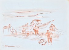 Claude VIETHO - Dessin original - Sanguine -  Pêche à St Aubin sur mer 2