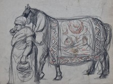 Pierre Henri Vaillant (1878-1939) (40) - pierre noire - Femme et cheval